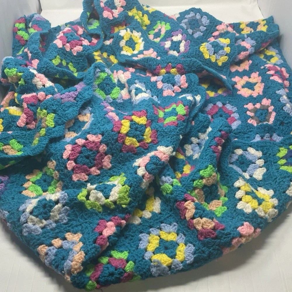 Vtg Crochet Afghan Blanket Chevron Ripple Throw 77x55 Retro Cutter Craft As Is